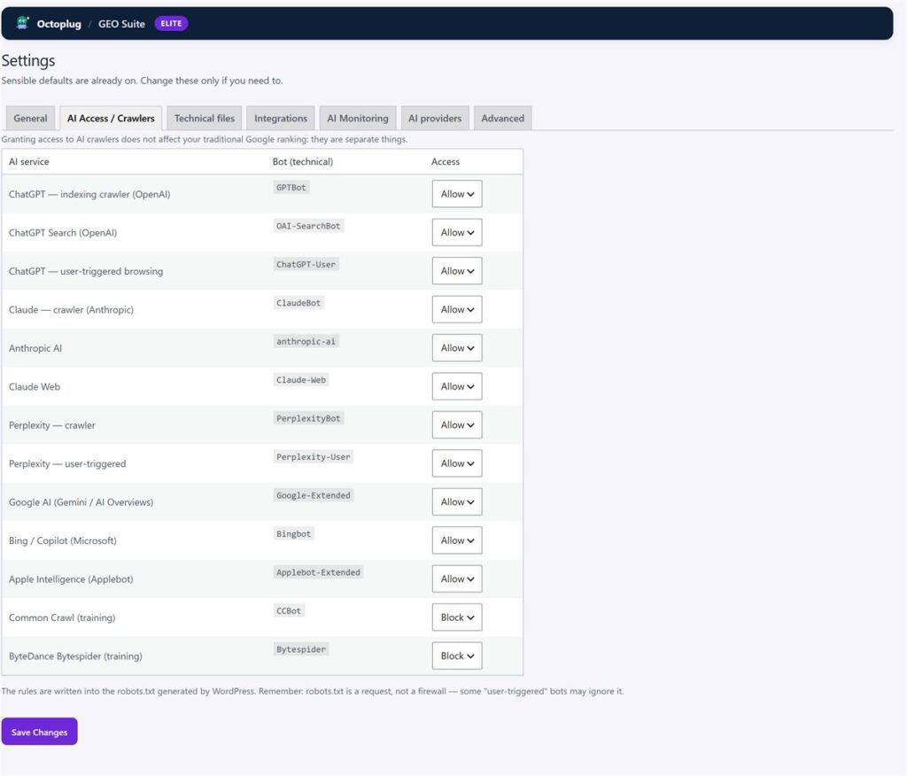 GEO Suite AI crawler access GEO Suite settings: AI crawler access control to allow or block each AI bot