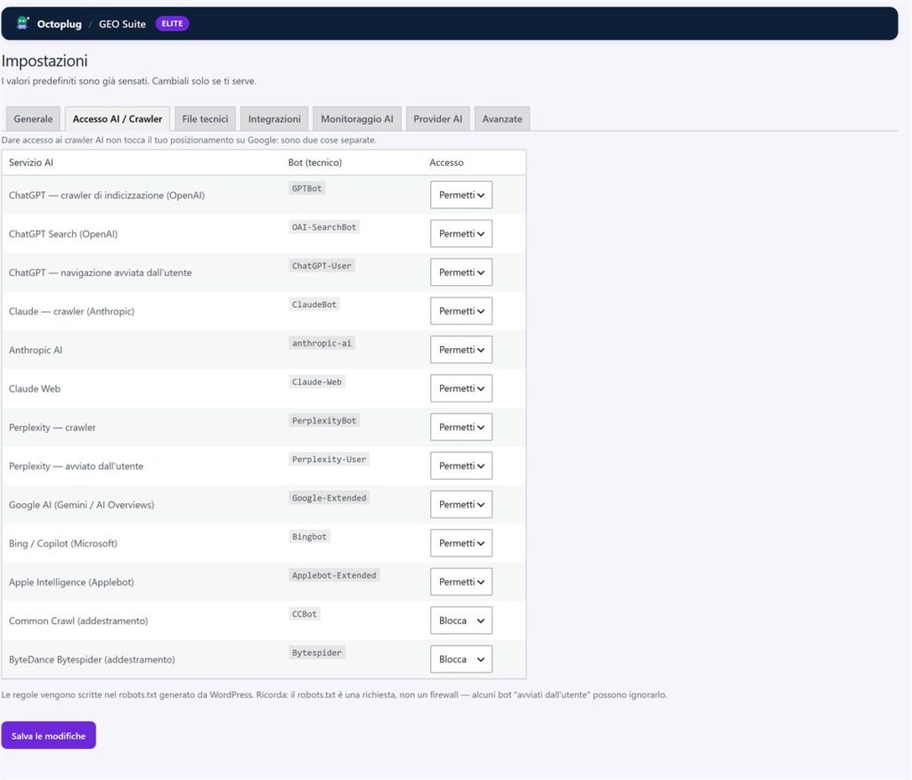 GEO Suite accesso crawler AI Impostazioni GEO Suite: controllo dell'accesso dei crawler AI per consentire o bloccare ogni bot AI
