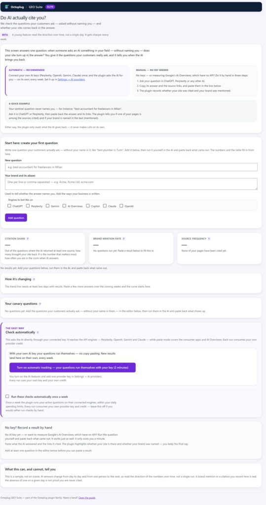 GEO Suite AI Citations panel: track whether AI answers cite your site